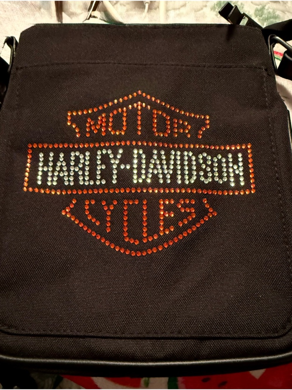 Harley-Davidson Black Crossbody Bag with Orange and Silver Rinestones Logo